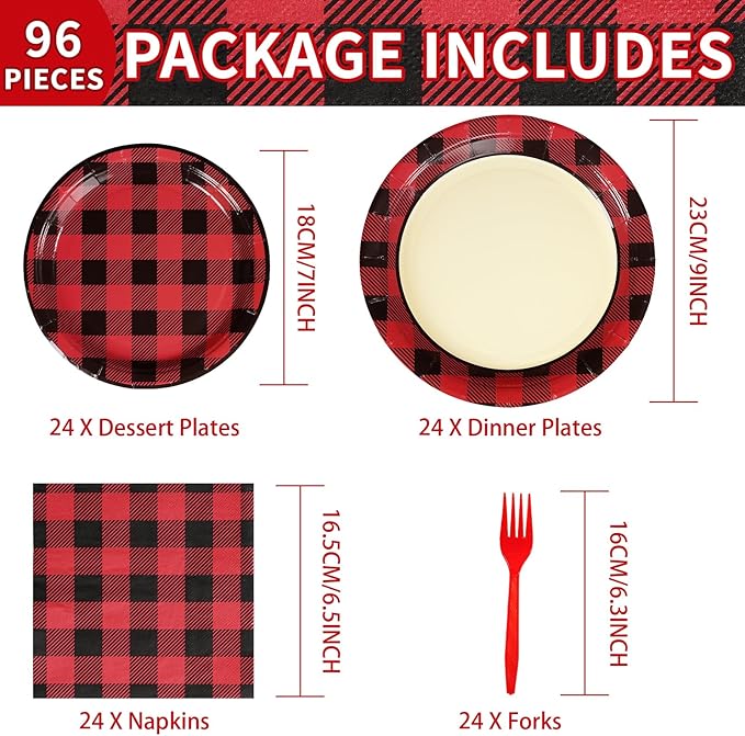 96PCS Red and Black Buffalo Plaid Party Supplies Buffalo Plaid Party Plates and Napkins Disposable Christmas Red Black Gingham Tableware for Christmas Birthday Lumberjack Party Decorations Serves 24