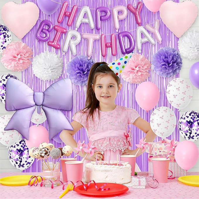 Purple Pink Bow Birthday Decorations for Women Girls, Happy Birthday Balloon Banner with Bow and Heart Foil Balloons Fringe Curtain Tissue Paper Pompoms Garland Party Supplies