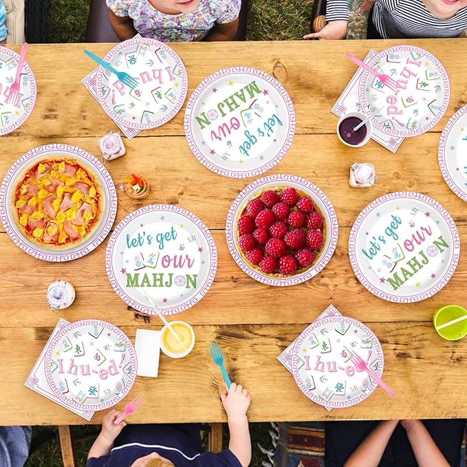 96Pcs Mah-jong Party Supplies Mah Jong Plates and Napkins Mah-jongg Chinese Game Tableware Set for Asian-Themed Gatherings Game Nights Bridal Showers Birthday Party Supplies Serves 24