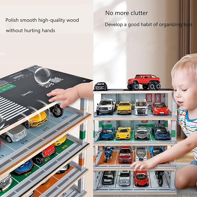 Diecast Car Model Display Case 4 Tiers 1:24 Scale,with LED Light and Acrylic Dust Cover Toys Car Model Display Stand ,Parking Lot Scene Hot Diecast Wheels Collectible Car Model Storage Cabinet