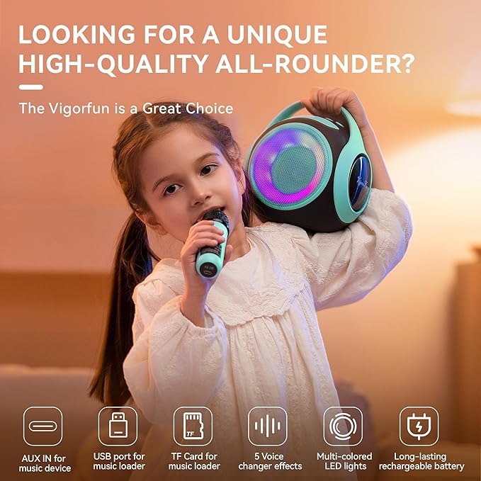 All Rounder Karaoke Machine for Kids Teens, Portable Bluetooth Karaoke Speaker with Two Mics, Voice Changer, Light Effect, Bass Tremolo, Gifts Toys for Girl, Supports USB/TF/AUX for Home Party (Green)