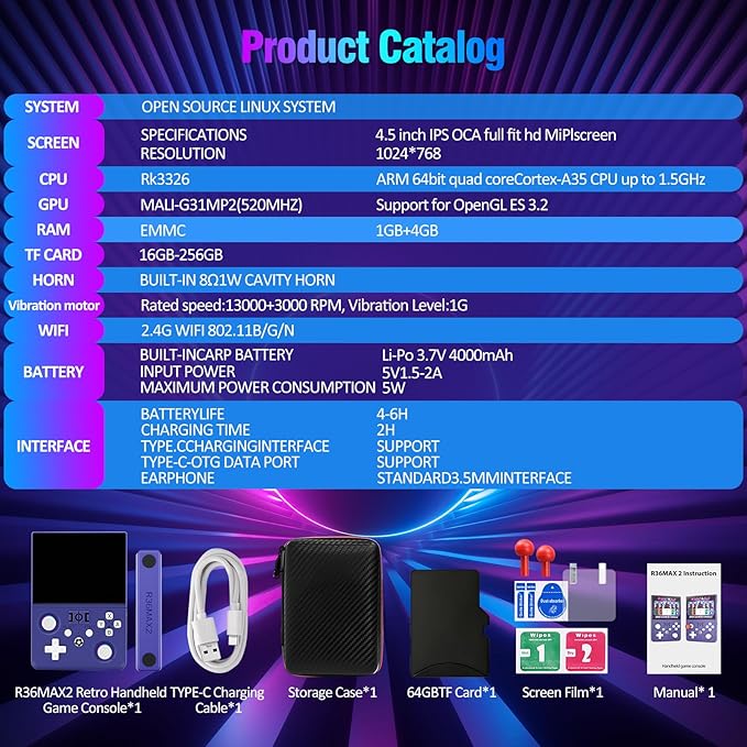 R36MAX 2 Retro Handheld Game Console, 4.5" IPS HD Screen 1024*768 Retro Gaming Console with Detachable Joystick, 20,000+ Classic Games, 30+ Emulators, Pocket Hand Held Video Games (Purple)