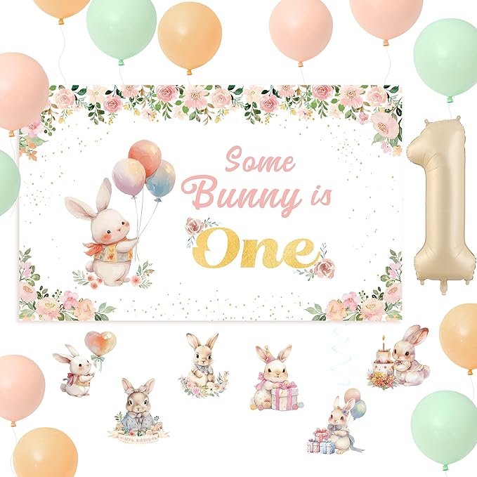 Some Bunny is One Decorations, 142PCS First Birthday Decorations with Backdrop, Hanging Swirls Ceiling Decoration and Balloons for Girl Rabbit Themed Party
