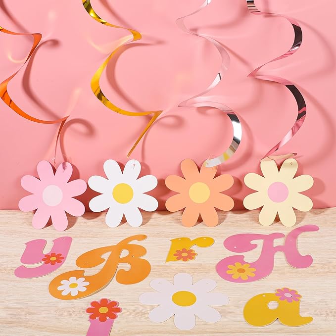 26 PCS Groovy Party Banners Boho Happy Birthday Decorations Daisy Flower Hanging Swirls Retro Hippie Ceiling Streamers for Two Groovy Retro Party Supplies