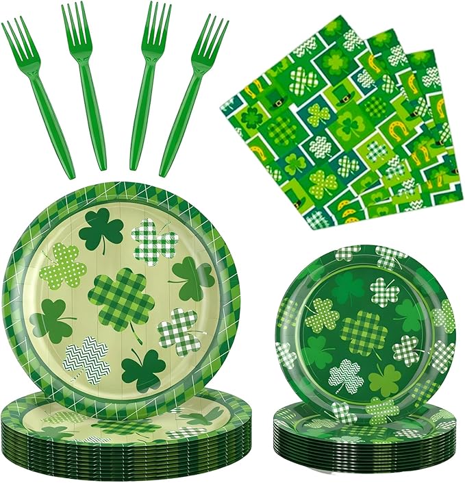 St. Patrick’s Day Tableware Set, 96 Pcs Lucky Green Shamrock Disposable Dinnerware with Paper Plates, Napkins, and Forks for St Patrick Day, Irish Party Supplies- Serves 24
