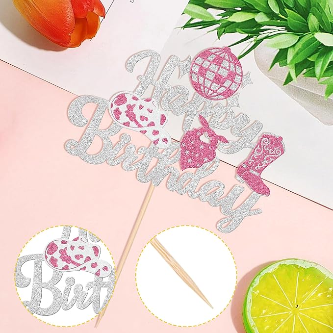 1 PCS Cowgirl Happy Birthday Cake Topper Glitter Western Cowgirl Birthday Cake Pick Hat Boot Disco Cowgirl Cake Decorations for Western Cowgirl Rodeo Theme Girls Birthday Party Supplies Silver