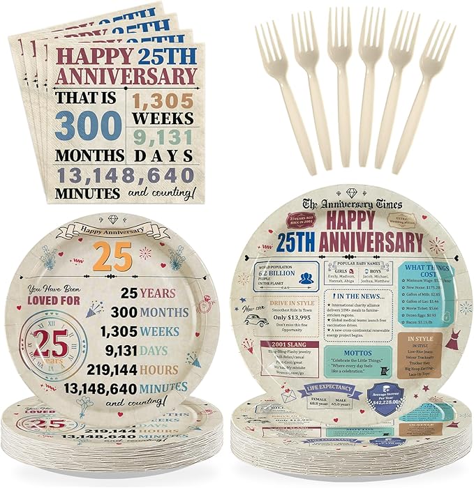 96Pcs 25th Anniversary Party Decorations Retro 25 Years Wedding Aday Plates and Napkins Happy 25th Anniversary Disposable Tableware Set for Vintage 25 Year Wedding Party Supplies Serves 24