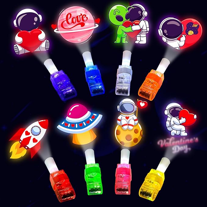 24 Pack Valentines Day Gift for Kids, Valentine Party Favors, Space LED Finger Lights with Cards, Glow in the Dark Toys, Classroom Exchange Prize, Goodie Bag Stuffers