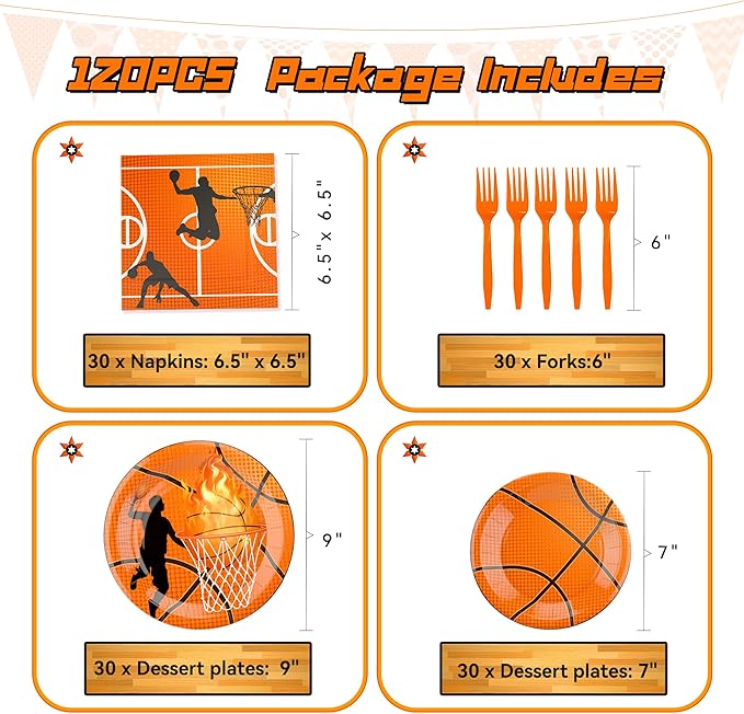 120 Pcs Basketball Party Supplies Bundle Paper Plates Napkins Forks Basketballs Party Birthday Decorations For Kids Serves 30