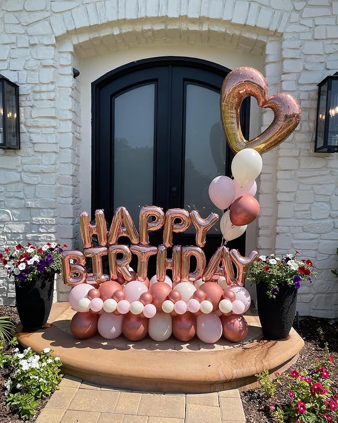 29PC Rose Gold Happy Birthday Balloon Banner, 16 Inch 3D Aluminum Letter Banner Sign, Pearl Rose Gold Metallic Balloons 18 Inch Star Heart Foil Balloons for Women, Men Party Decorations