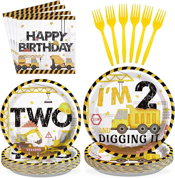 96 Pcs Construction 2nd Birthday Party Supplies Construction Truck Plates and Napkins Tableware 350GSM Excavator Birthday Decorations Favors for Boys Tractor Dump Two Years Old, Serves 24