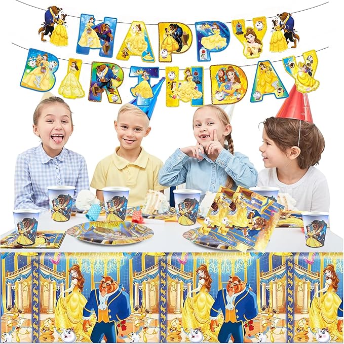 Beauty and The Beast Party Decorations(Serves 20), Princess Belle Birthday Party Tableware with Banner, Tablecloth, 20 Disposable 7" Paper Plates with Napkins for Kids Fans Birthday Party Decorations