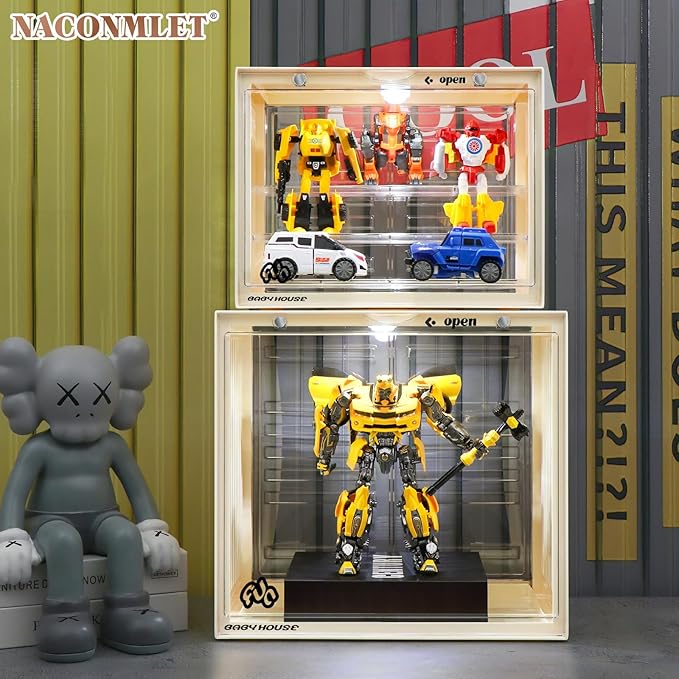 Acrylic Display Case for Action Figures - Stackable Collector Case with LED Lights, Magnetic Door, Detachable Shelves, Dustproof 13.4" x 9" x 12.4" Showcase for Collectibles