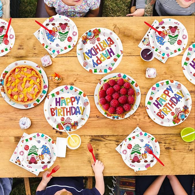 96Pcs Gnome Birthday Party Supplies Colorful Rainbow Gnomes Plates and Napkins Gnome Themed Tableware Set for Boys Girls Birthday Spring Summer Party Supplies，Serves 24