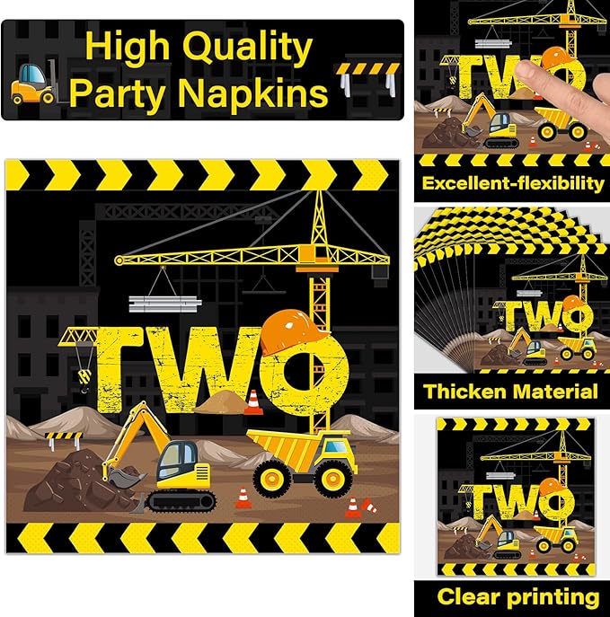 50 Guests Construction Birthday Plates and Napkins Forks Party Supplies Construction Truck Two Party Decorations Disposable Tableware Set Dinnerware Paper for Two Year Old Baby 2nd Birthday, 200PCS