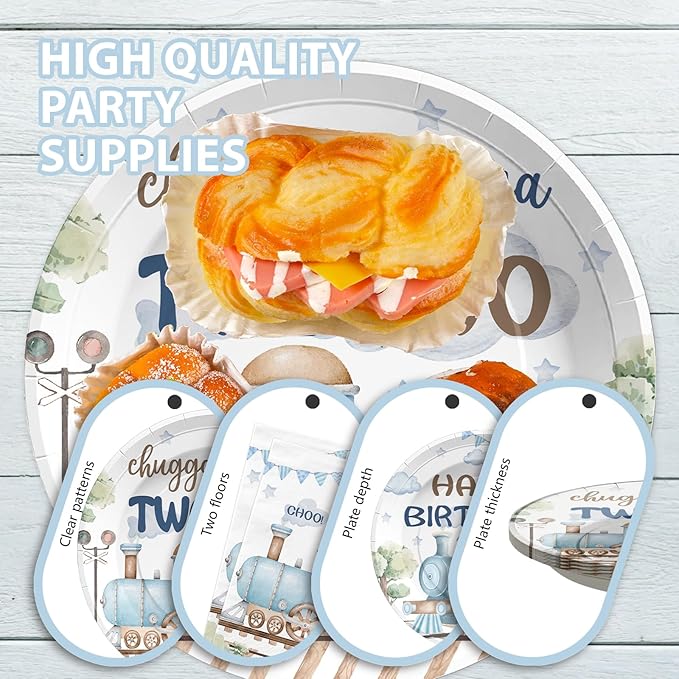 Grencian 96Pcs Chugga Chugga Two Two Birthday Party Decorations Watercolor Train 2nd Paper Plates Retro Blue Disposable Choo Choo I'm 2 Tableware Set for 2 Year Old Birthday Party Supplies, Serves 24