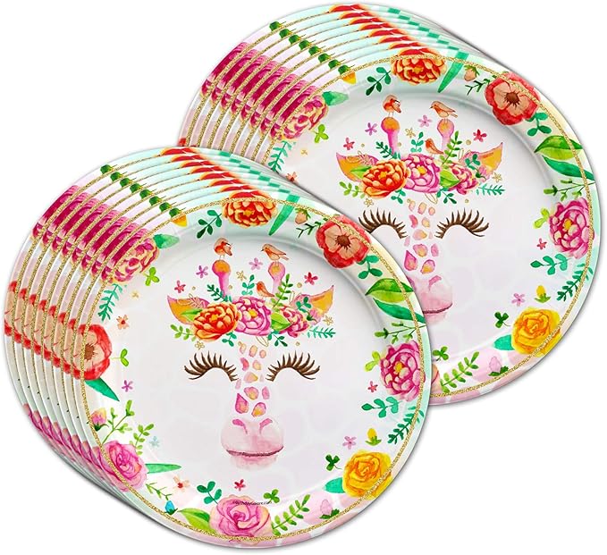 Giraffe Floral Birthday Party Supplies - Giraffe Party Supplies - Zoo Animal Party Supplies - Safari Animal Party Supplies | Tableware Set Includes Plates Napkins and Cups | Kit for 16