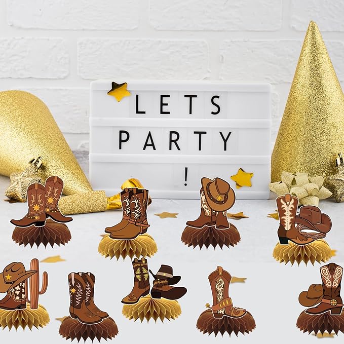 9Pcs Cowboy Party Honeycomb Centerpiece Decorations,Western Theme Table Topper Party Supplies,Brown and Gold Design,Cowboy Boots And Cowboy Hat Party Table Decor