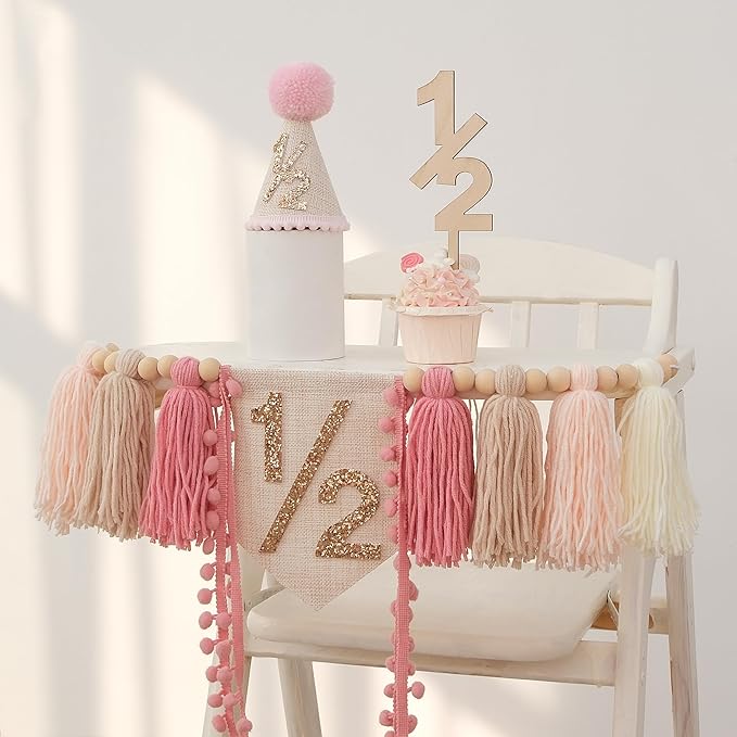 1/2 Pink Baby Girl Birthday Highchair Banner Wood Bead Tassel Garland Half Birthday Conical Cap Wooden Cake Topper Happy Half Year Party Photoshoot Props