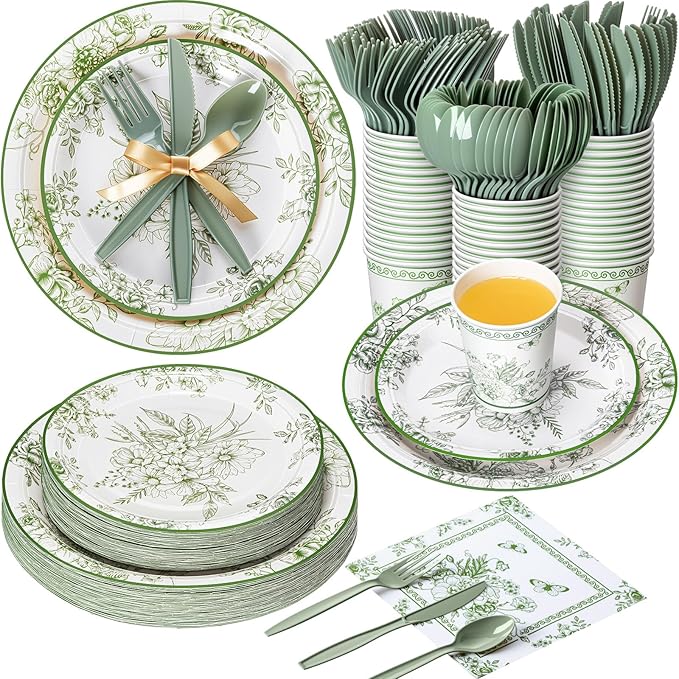 350 Pcs Tea Party Supplies Spring Summer Party Tableware Set Disposable Plates Napkins Paper Cups Plastic Cutlery Set for Birthday Bridal Baby Shower Serves 50 (Green Floral)