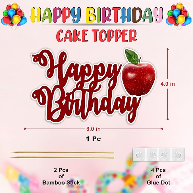 Apple Happy Birthday Cake Topper – Fresh Fruit Theme Cake Decoration for Birthday Celebration, Apple Inspired Dessert Topper for Party Cakes, Table Display Styling, Photo Setup, and Colorful