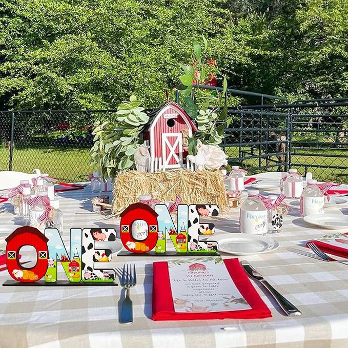 Farm Animal ONE Letter Sign Table Centerpieces for 1st Birthday Decorations,One Year Old Birthday Supplies Favors Baby Shower Party Photo Booth Props(2 Set)
