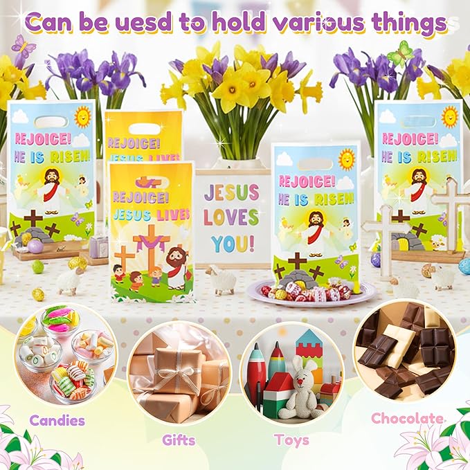 Easter Religious Party Favor Bag - 50Pcs He is Risen Rejoice Goodie Treat Candy Gift Bags Christian Cross Jesus Lives Party Supplies for Spring Easter Bible Sunday School Jesus Birthday VBS Church
