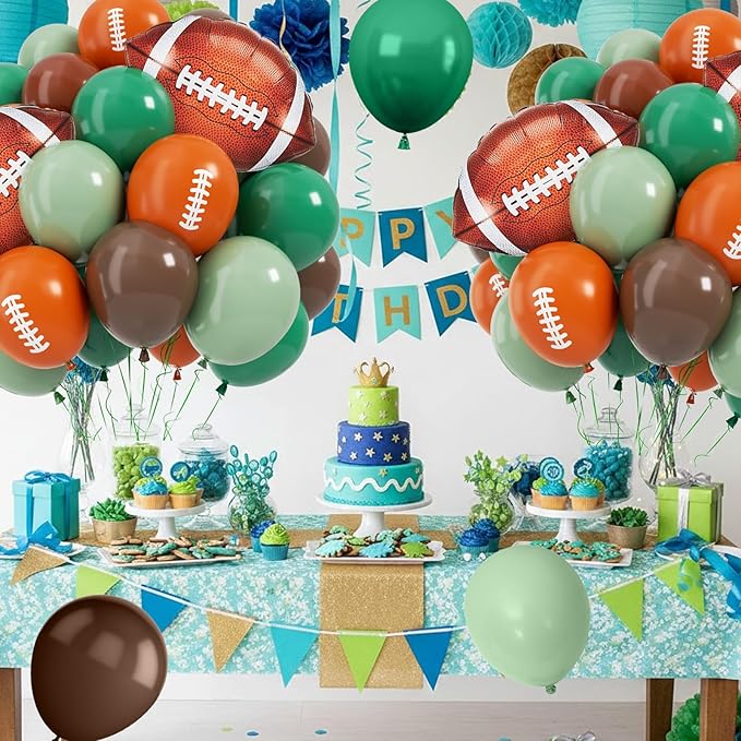 Football Balloons, 12 Inch Sage Green Brown Latex Balloon with Football Printed Foil Balloons, Football's Party Decorations for Men Sports Rugby Theme Birthday Game Party Supplies