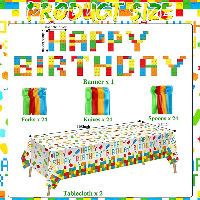 Gejoy 171 Pcs Building Block Birthday Party Supplies Tableware Kit Include Plates Cups Knives Forks Spoons Napkins Tablecloths Banner for Girls Birthday Party Decoration Serve 24 Guest (Classic Color)