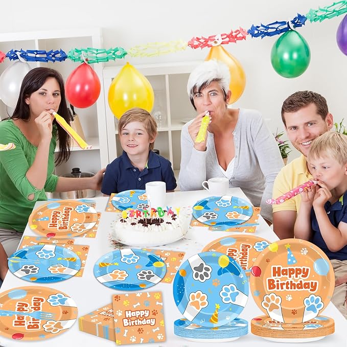 96Pcs Blue Dog Happy Birthday Party Supplies Cartoon Puppy Paper Plates and Napkins Disposable Paw Tableware Dinnerware Set for Kids Dogs Parties Decorations Favors Baby Shower Serve 24