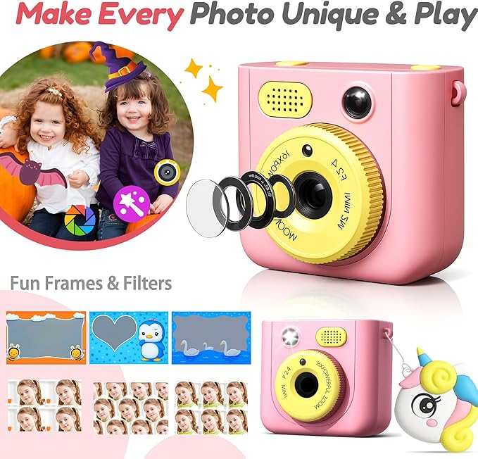 Instant Camera for Kids, Digital Print Camera 48MP 1080P, Color & B&W Printing, 2.4" Display, USB-C Rechargeable, 32GB Card, Christmas & Birthday Gifts for 3-12 Year Old Girls Boys (Pink)