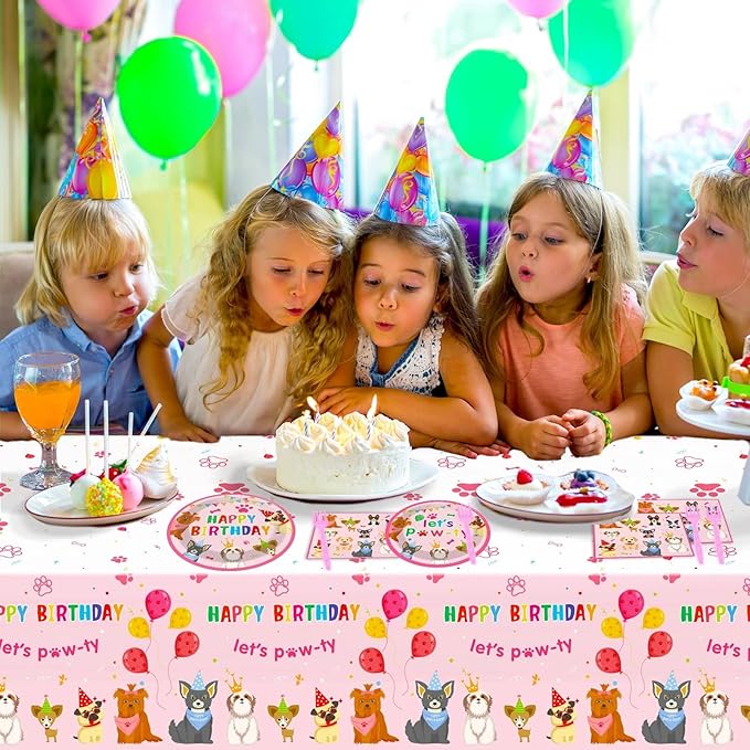 98pcs Dog Birthday Party Decorations Puppy Tableware Set Plates Napkins Pink Dog Theme Tablecloth for Girl Birthday Lets Pawty Party Supplies Kit Pet Dogs Table Cover Dinnerware Paw Print Theme Favors