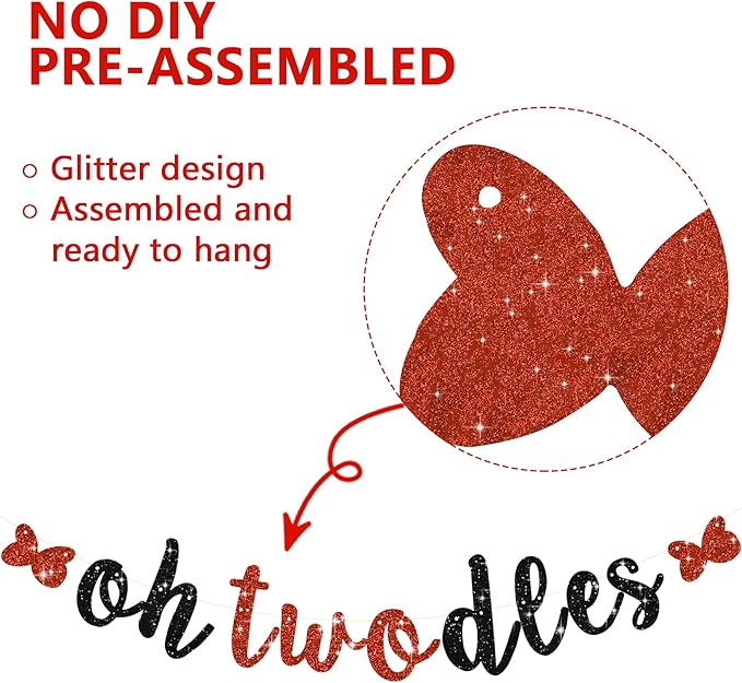 Glitter Black Red Oh Twodles Banner Pre-Strung Mouse Themed Cartoon Party Sign Garland 2nd Baby Birthday Decorations Birthday Party Supplies for Boys Girls,NO DIY