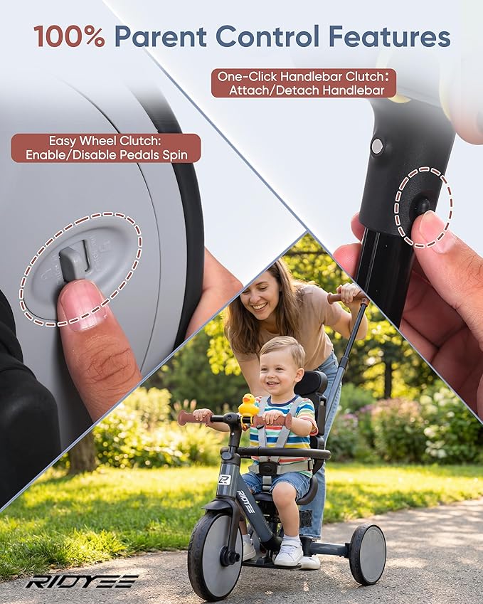8-in-1 Tricycle for 1.5-5 Years, Tool-Free Switch, Toddler Tricycle with Parent Steering Control Handle for 1.5 to 5 Yrs, Toddler Trike 1.5-3 Years with 5-Point Harness and Large Canopy, Grey