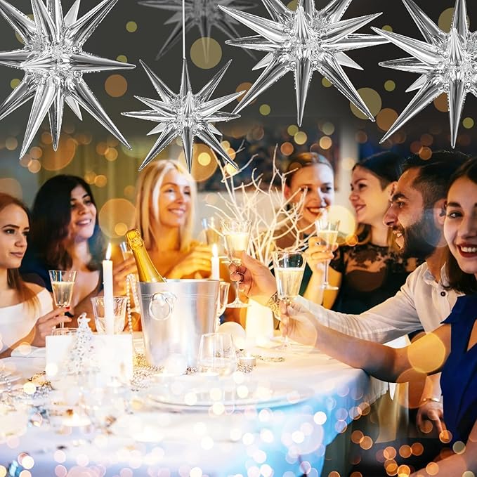 TONIFUL 8 Pcs Silver Foil Star Balloons Large Mylar Explosion Balloons for Party Backdrop Christmas New Year Birthday Wedding Baby Shower Anniversary Photo Booth Supplies