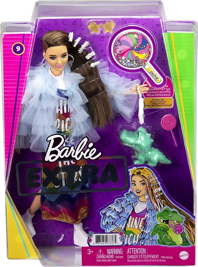 Barbie Extra Doll & Accessories with Long Brunette Hair and Bling Clips in Multi-Colored Dress with Pet Crocodile