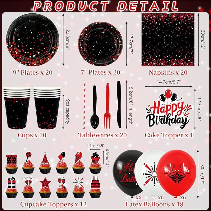 KEFAN Red Black Birthday Party Decorations, Red Black Theme Party Tableware Supplies including HAPPY BIRTHDAY Banner, Plates, Cups, Napkins, Tablecloth, Balloons, Serves 20