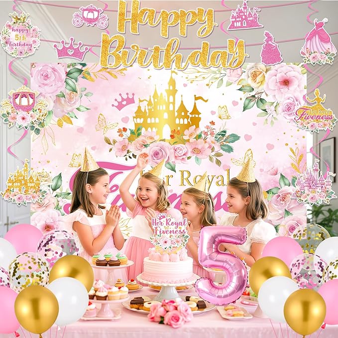 Princess 5th Birthday Party Decorations, Her Royal Fiveness Birthday Banner Pink Princess 5th Backdrop Banner Hanging Swirls Balloons Cake Topper for 5 Years Old Girl Bday Party Supplies