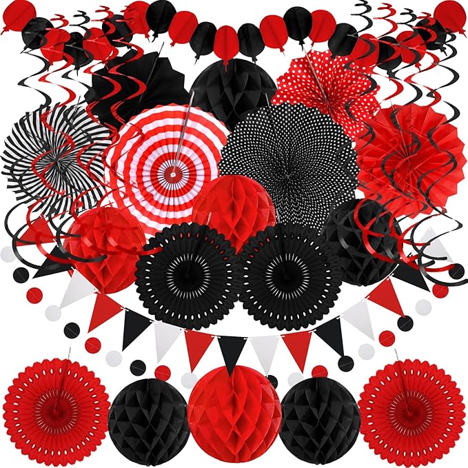 Black Red Party Decorations, Easy Assembly Paper Fan Honeycomb Ball Garland Hanging Swirl Graduation Party Supplies for Boy Girl Women Birthday Congrats Grad Party Decorations