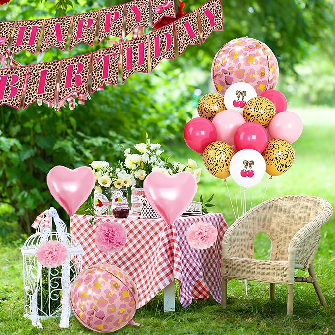 Pink Cheetah Print Birthday Decorations Leopard Foil Cherry Print Balloons Happy Birthday Banner with Heart Balloons for Women Baby Shower Safari Wild Birthday Theme Party Supplies