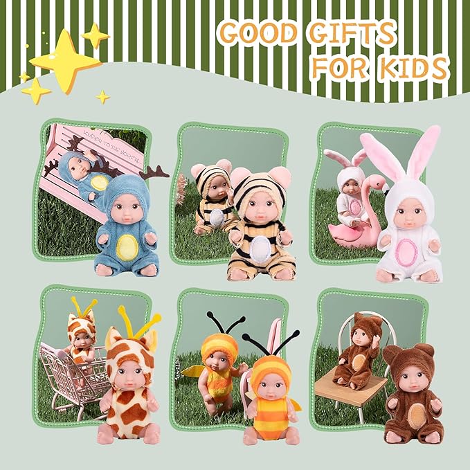 6PCS 4inch Mini Dolls Set - Baby Doll with 6 Animal Outfits & Accessories, Reborn Baby Dolls for Kids Role Play, Perfect Birthday for Children Ages 3+