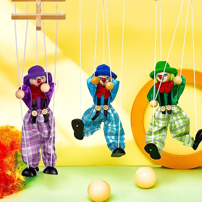 Meooeck 6 Pack Wooden Marionette Puppets Pull String Puppets, Include 6 Colors Clown Marionette String Clown Doll for Birthday Theater Puppetry Party