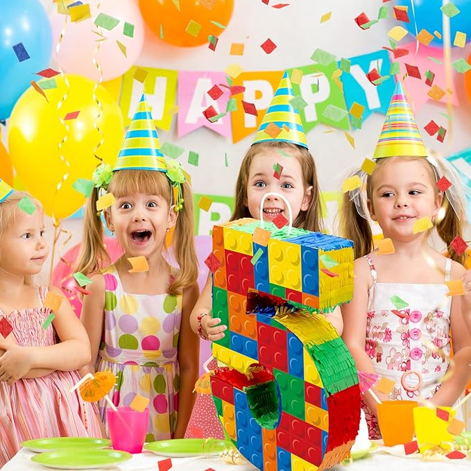 Number 5 Building Blocks Piñata 16.5 Inch Party Supplies 5th Birthday Party Decorations Piñata with Confetti Blocks Theme Fiesta Anniversary Celebration