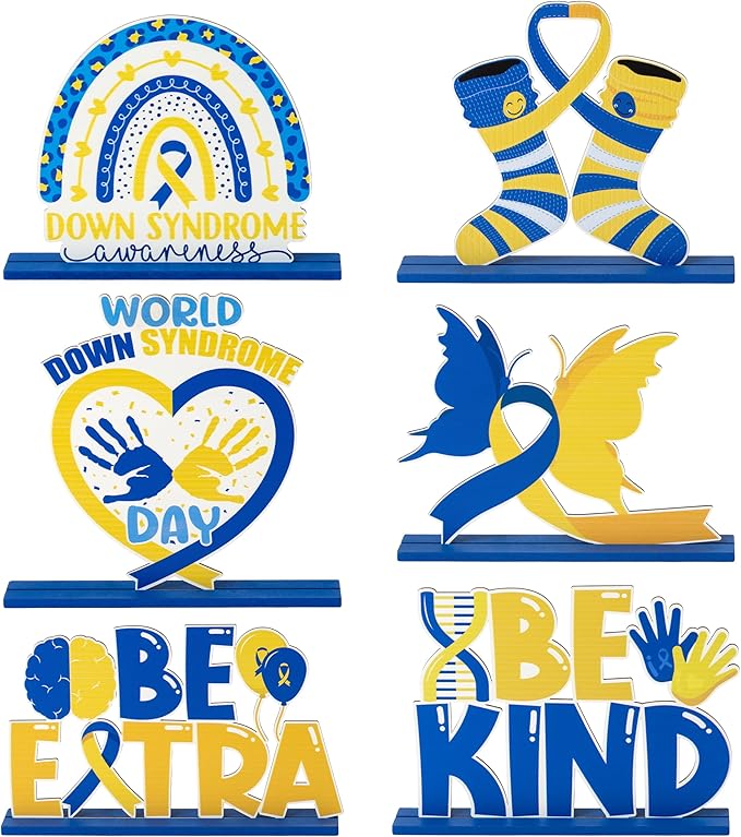 6Pcs Down Syndrome Awareness Wooden Tiered Tray Decoration Centerpieces, Yellow Blue Ribbon Wood Sign Table Topper Decor The Lucky Few Holiday Party Supplies for School Home Office Desk Shelf
