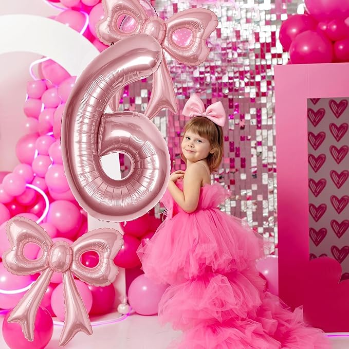 Bow Number 6 Birthday Balloons, 40" Pink Aluminum Foil Balloons Happy Birthday Balloon for Girl 6th Birthday Party, Princess, Coquette Party Decorations Supplies