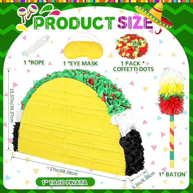 27" Taco Pinata Party Supplies - Large Paper Mache Taco Figurine for Fiesta, Cinco De Mayo, Birthday & Taco Two-Tuesday - Mexican Theme Centerpiece & Interactive Game for Candy & Fillers