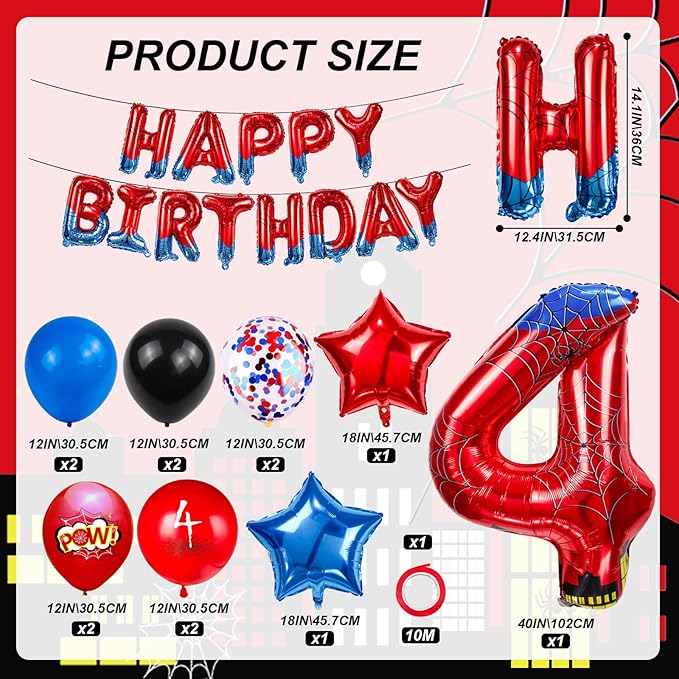 Cartoon Hero 40 Inch Red and Blue Spider Theme Number Foil Birthday Decoration Balloon, Spider Theme Happy Birthday Banner Party Decoration Balloon, Letter Logo Superhero Party Supplies (4)