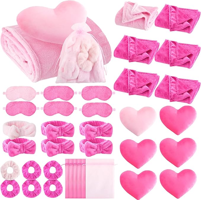36 Pcs Sleepover Party Supplies for Girl Spa Slumber Birthday Favors Throw Blanket Pillow Eye Mask Headband Scrunchies (Solid Color,30 Hot Pink,6 Pink)