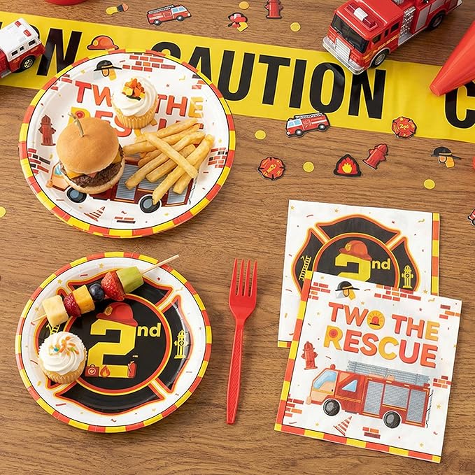 Haooryx Two the Rescue Party Tableware - 96Pcs Firefighter 2nd Birthday Decoration Red Yellow Fire Truck Themed Disposable Plates Napkins Forks for Kids 2 Years Old Birthday Party Table Decor Supply