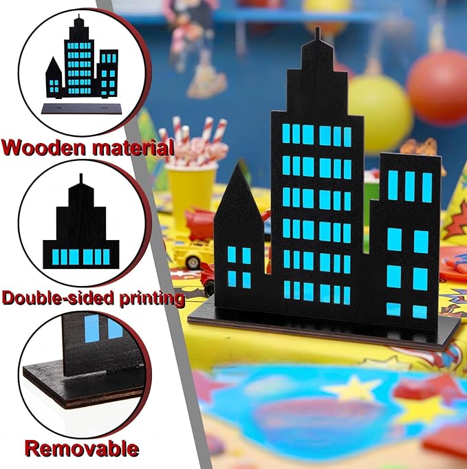 Geelin 6 Pcs Skyscraper Party Decorations Hero Party Decorations New York City Wood NYC Centerpieces City Skyline Building Decor for Comic Birthday Favors Supplies(Solid Style,Multicolor)
